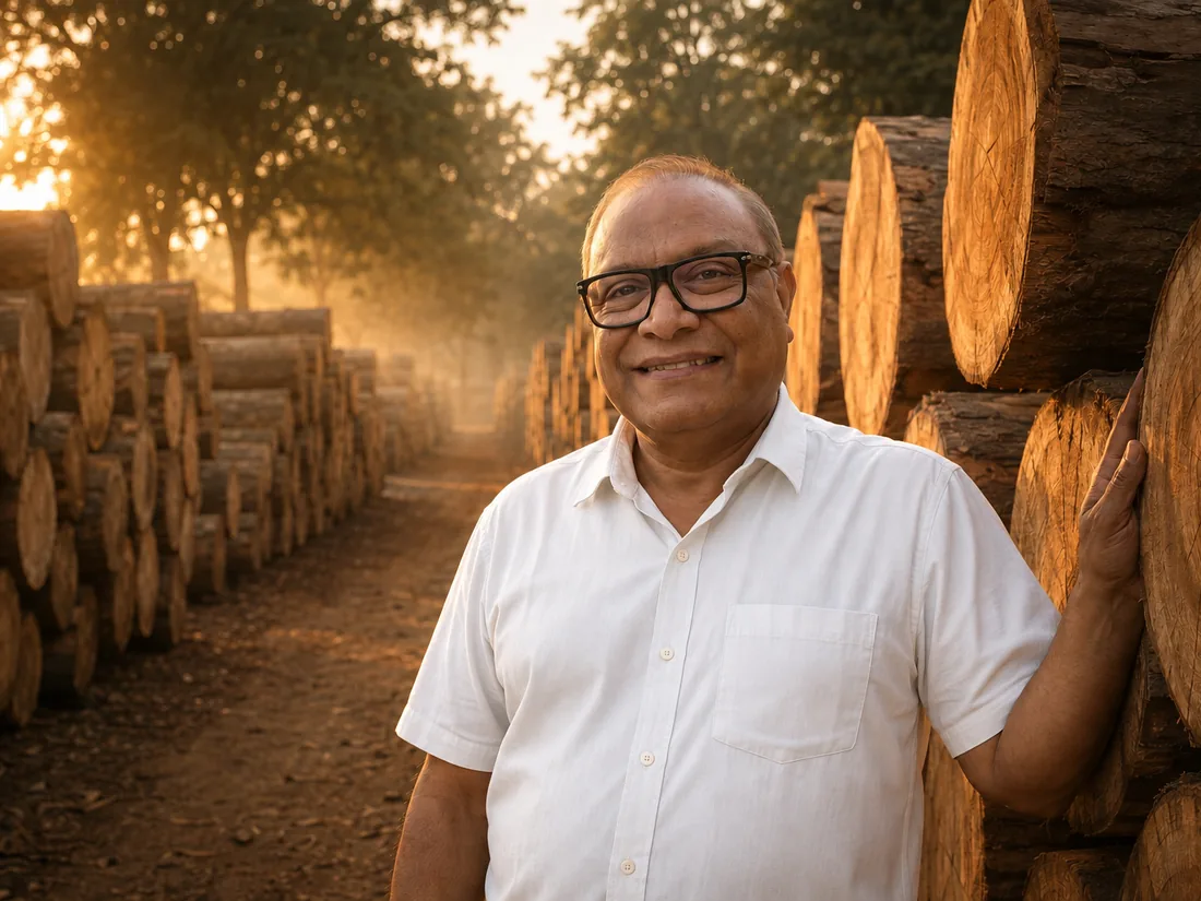 Bhadresh Patel standing among stacked teak logs in the early morning
