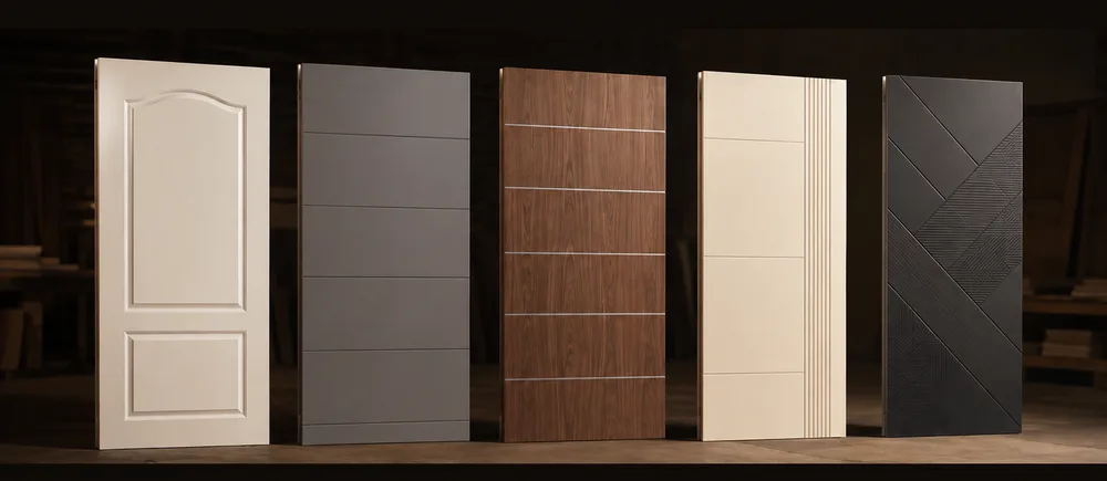 Five factory finished doors standing in a row