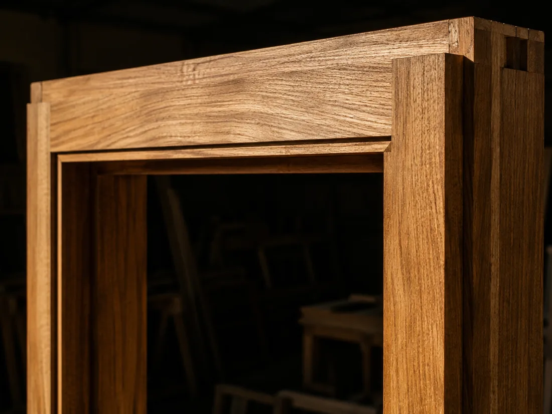 A finished solid teak door frame standing in the workshop