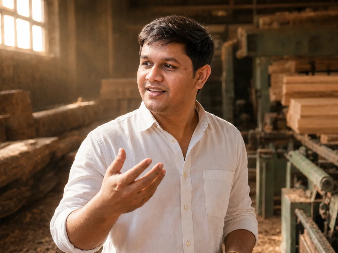 Kashyap Patel mid conversation inside the sawmill