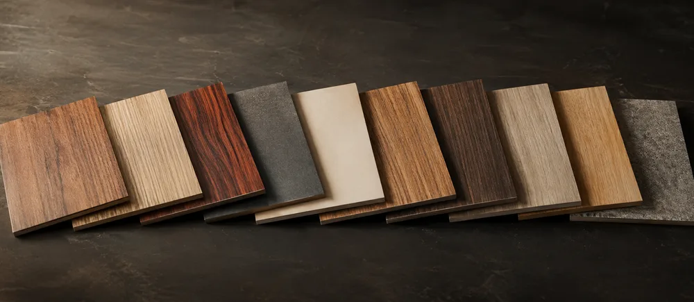 Ten laminate and veneer samples fanned out in a row