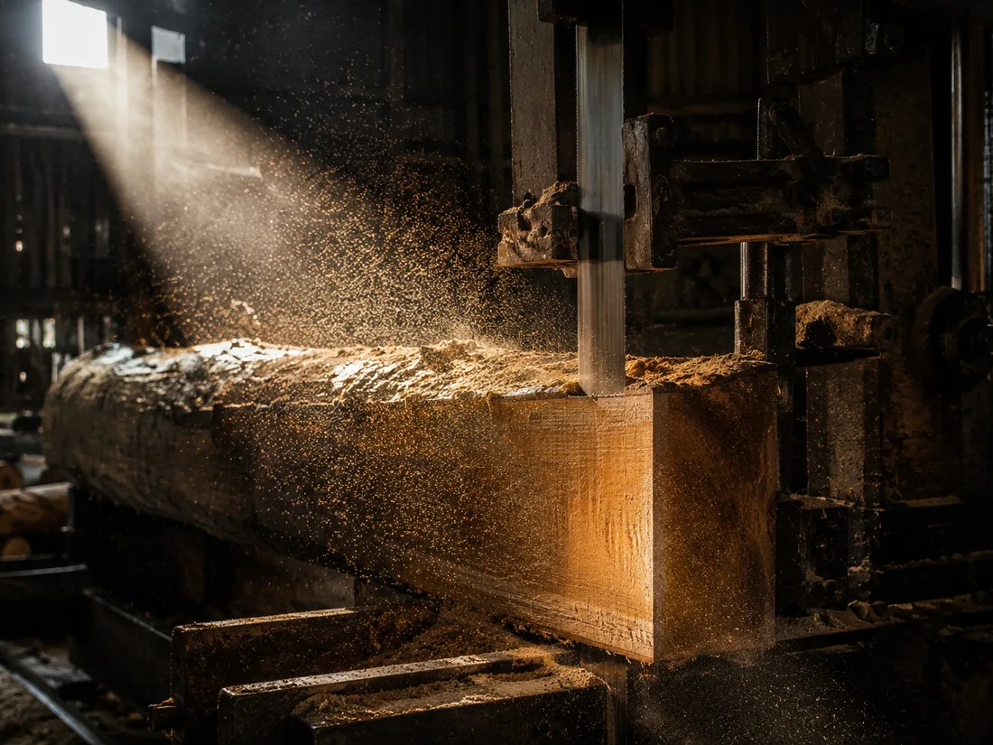 A bandsaw cutting through a teak log, sawdust caught in a shaft of daylight
