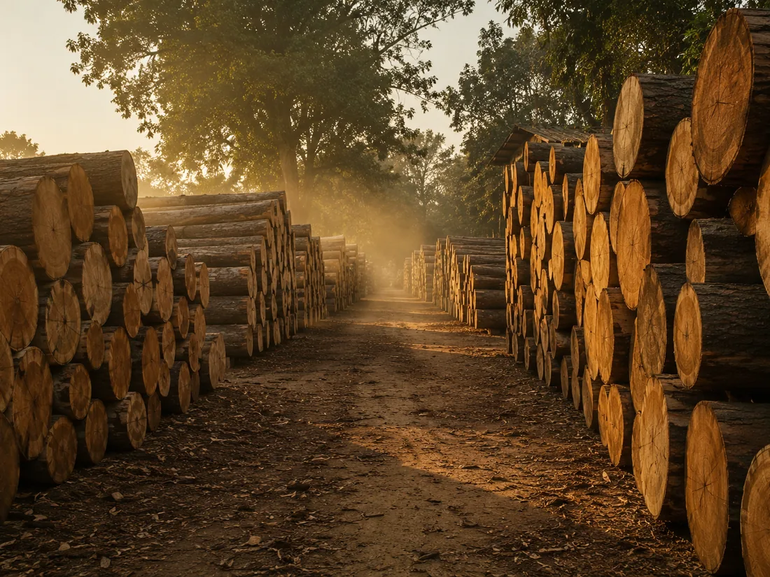 Rows of stacked timber logs receding into morning light at the depot
