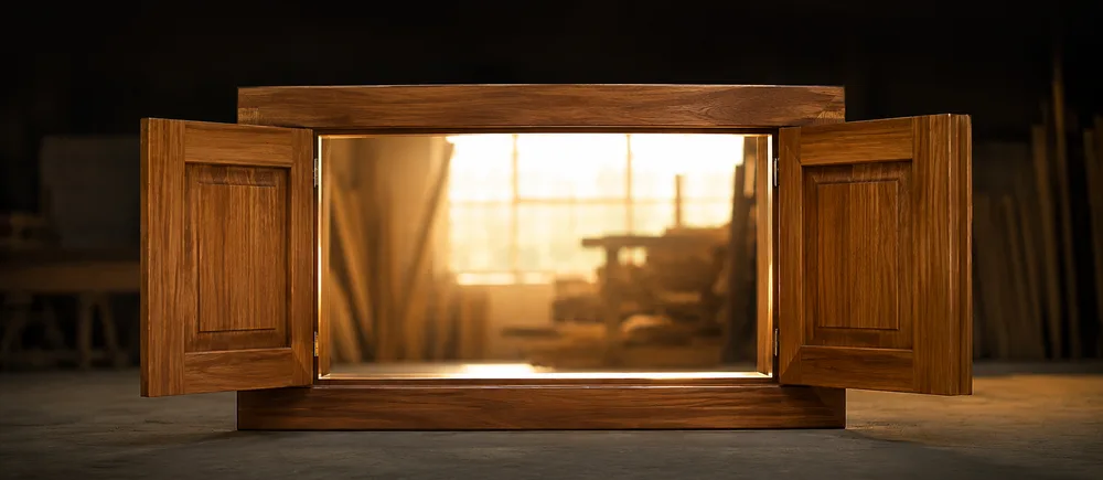 A teak window frame with its shutters open